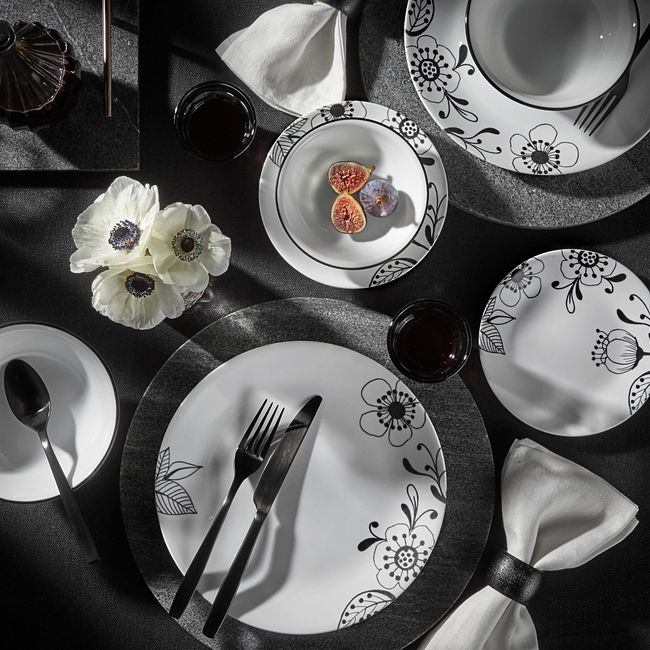 Corelle Black/White Inked Poppy Dinnerware Set 16pc - The Cuisinet