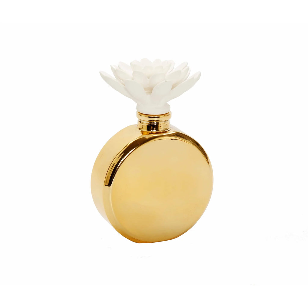 Gold Bottle Diffuser With White Flower, "Iris & Rose" Scent - The Cuisinet