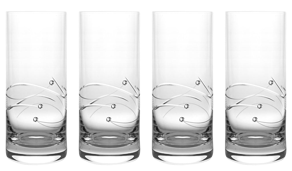 EUROPEAN HANDMADE CRYSTALLINE GLASS HIGHBALL GLASSES - DECORATED WITH REAL SWAROVSKI DIAMONDS - 14 OZ., SET OF 4 - The Cuisinet
