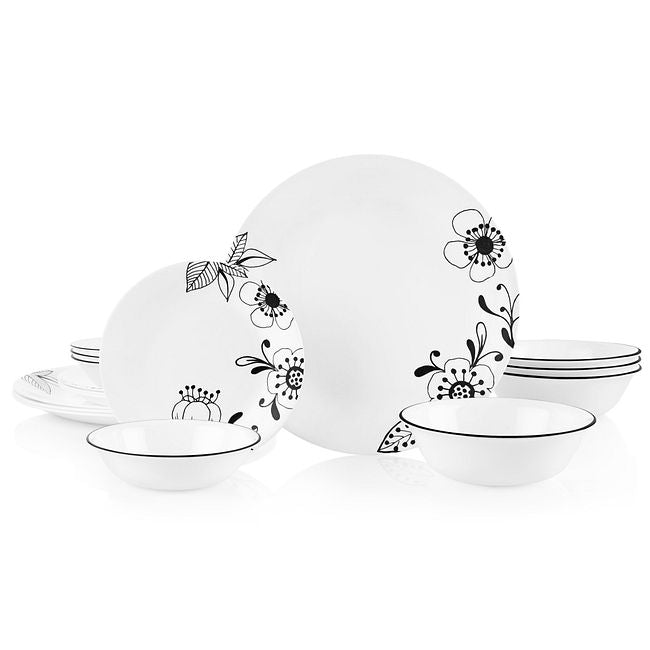Corelle Black/White Inked Poppy Dinnerware Set 16pc - The Cuisinet