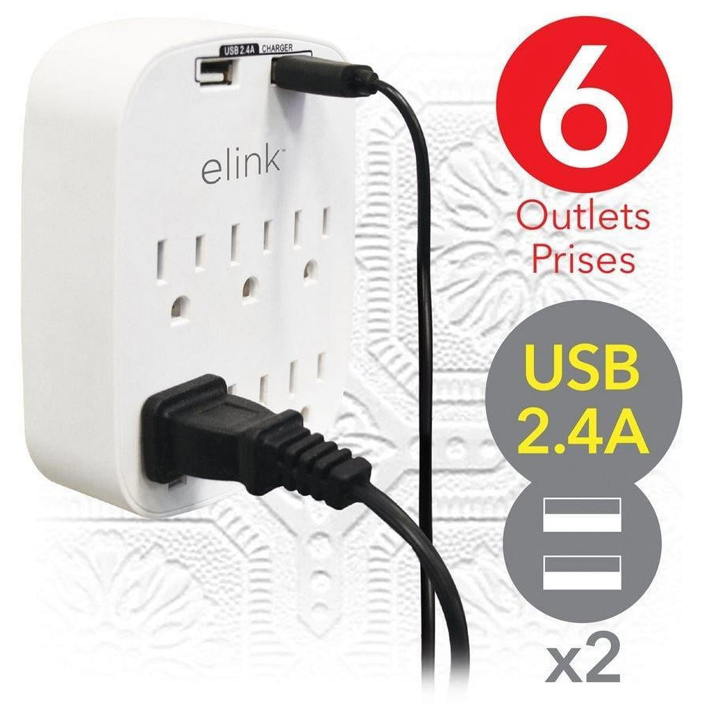 Elink White 6 Outlet Wall Tap with 2 USB 2.4A Ports 1pc
