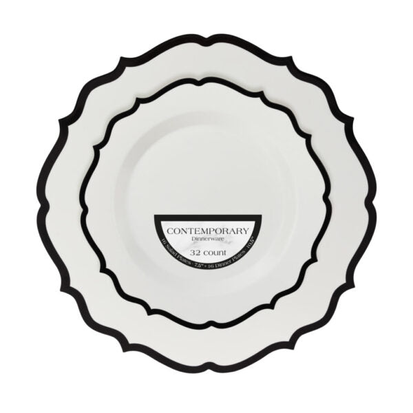 Contemporary White/Black Rim Combo Plates 7.5″ & 10.5″ 32pc - The Cuisinet