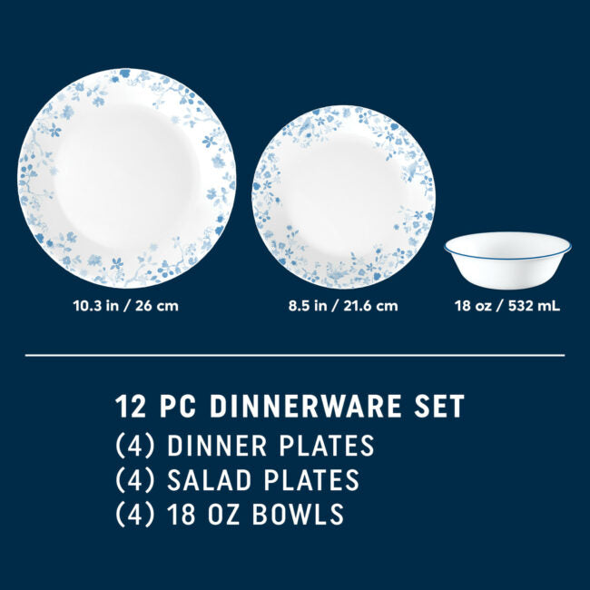 Corelle Blue Garden Song Dinnerware Set 12pc
