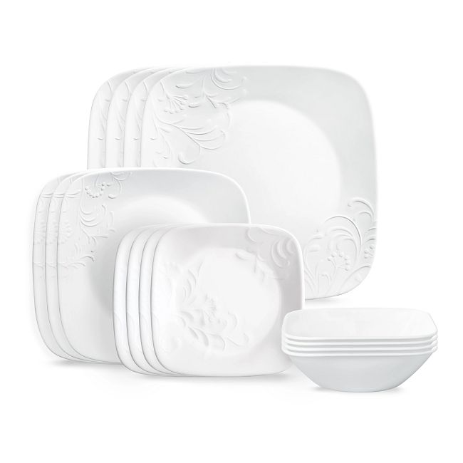 Corelle White Square Cherish Emboss Dnnerware Set 16pc - The Cuisinet