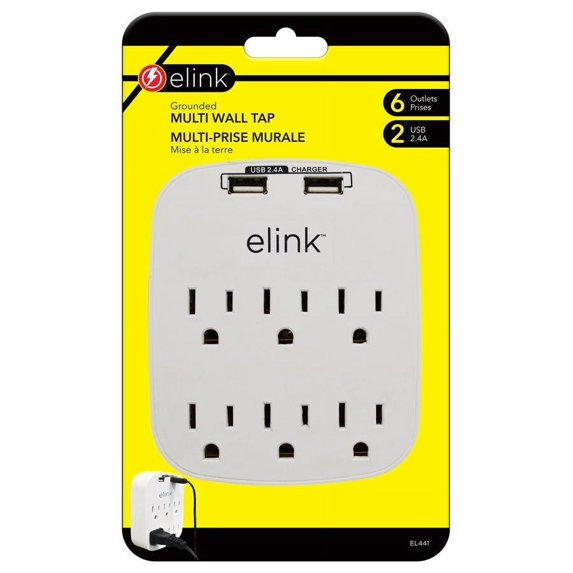 Elink White 6 Outlet Wall Tap with 2 USB 2.4A Ports 1pc