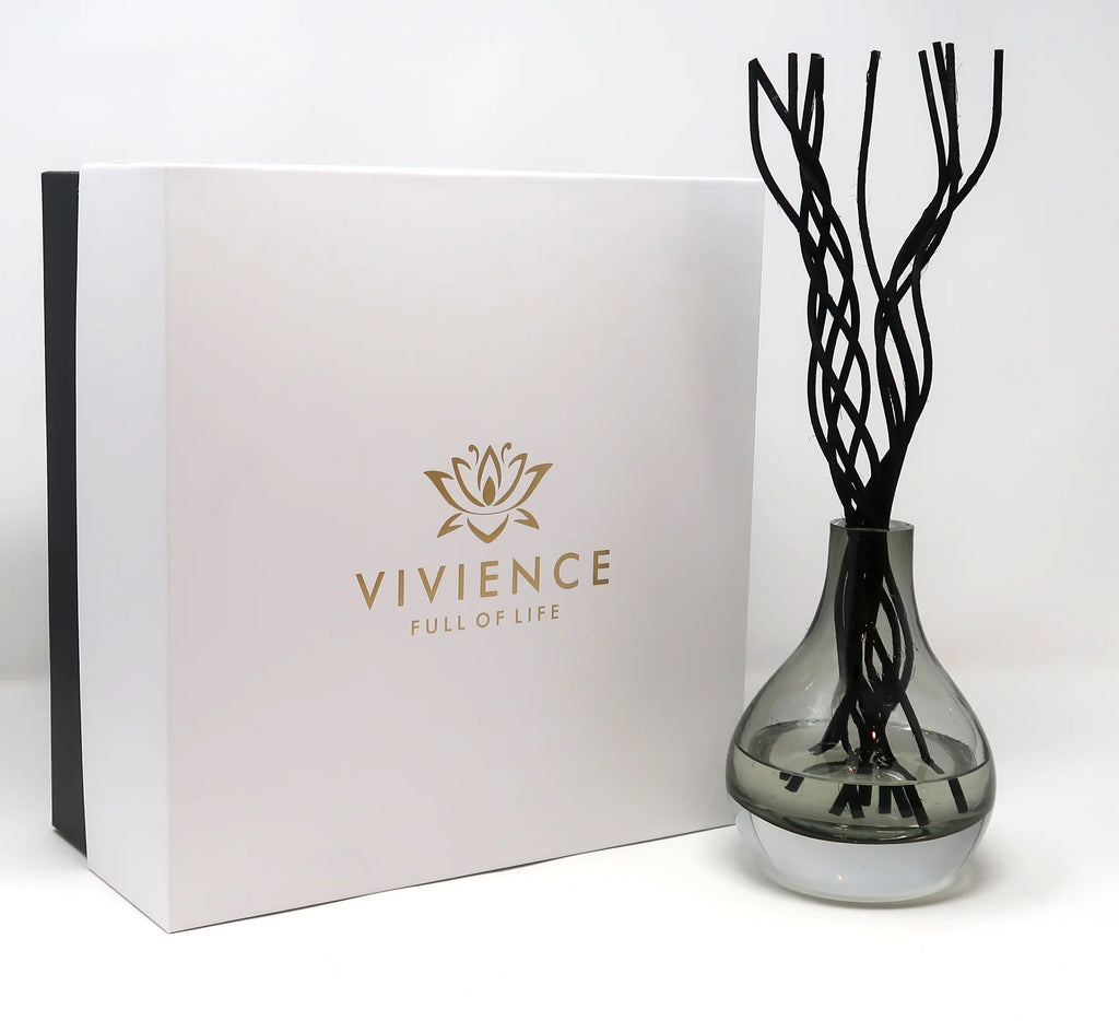 Vivience Grey Tinted Diffuser With Black Curved Reeds, "Zen Tea" Scent - The Cuisinet