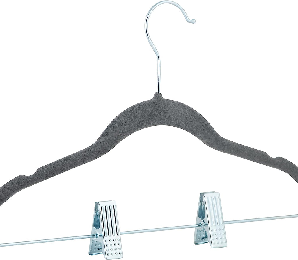 Simplify Grey Velvet Kids Hangers with Clips 6pc - The Cuisinet