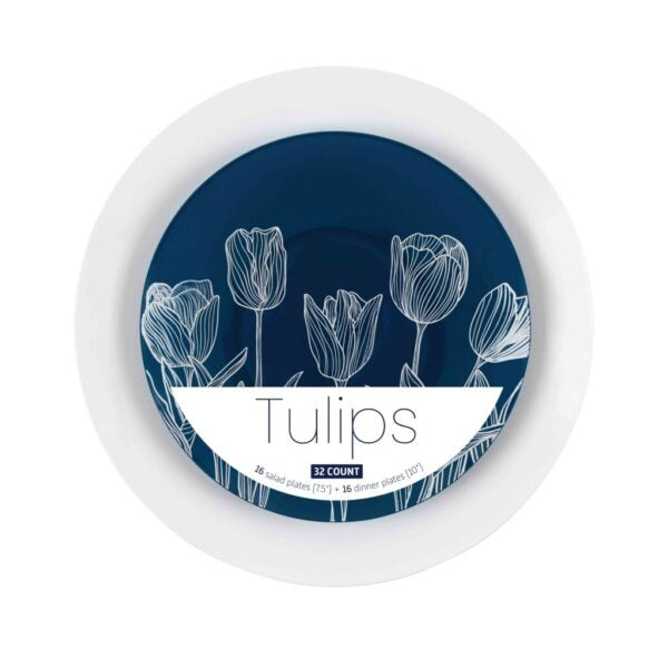 Organic Navy/White Tulip Combo 7.5″ & 10″ Plates 32pc - The Cuisinet