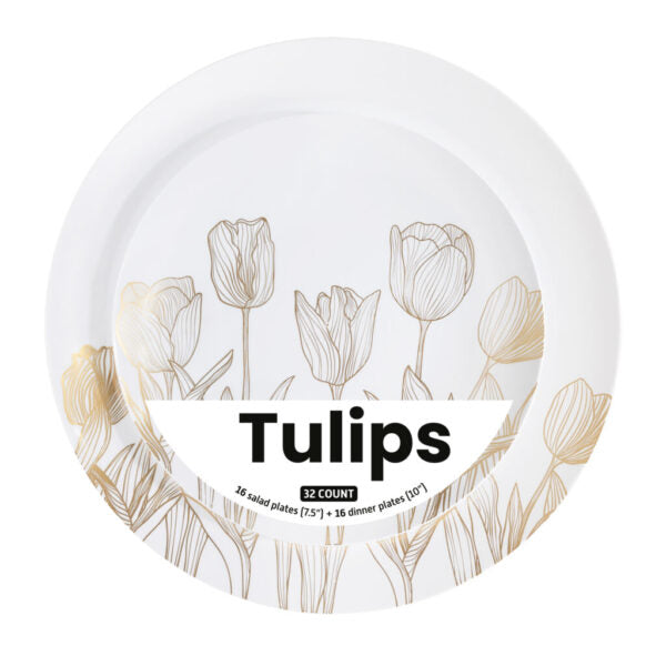 Organic Tulip White/Gold Combo 7.5″ & 10″ Plates 32pc - The Cuisinet