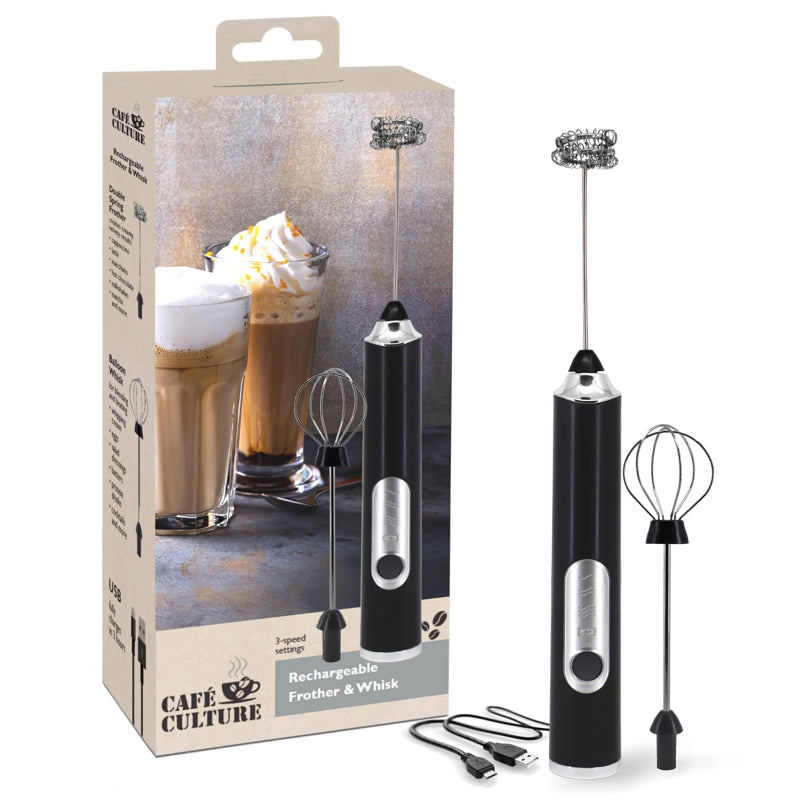Café Culture Black Rechargeable Frother & Whisk 1pc - The Cuisinet
