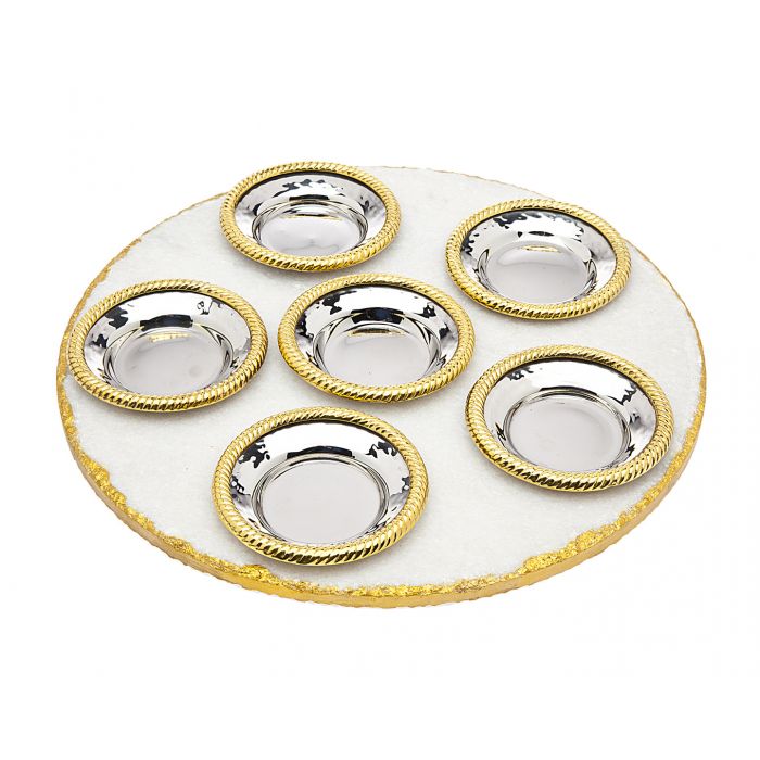 A&M Judaica White Marble/Gold Seder Plate 1pc - The Cuisinet