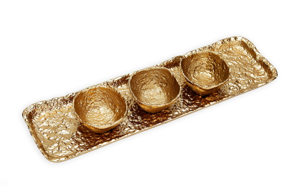 Textured Gold 3 Bowl Relish Dish - 15.52"L x 4"H - The Cuisinet