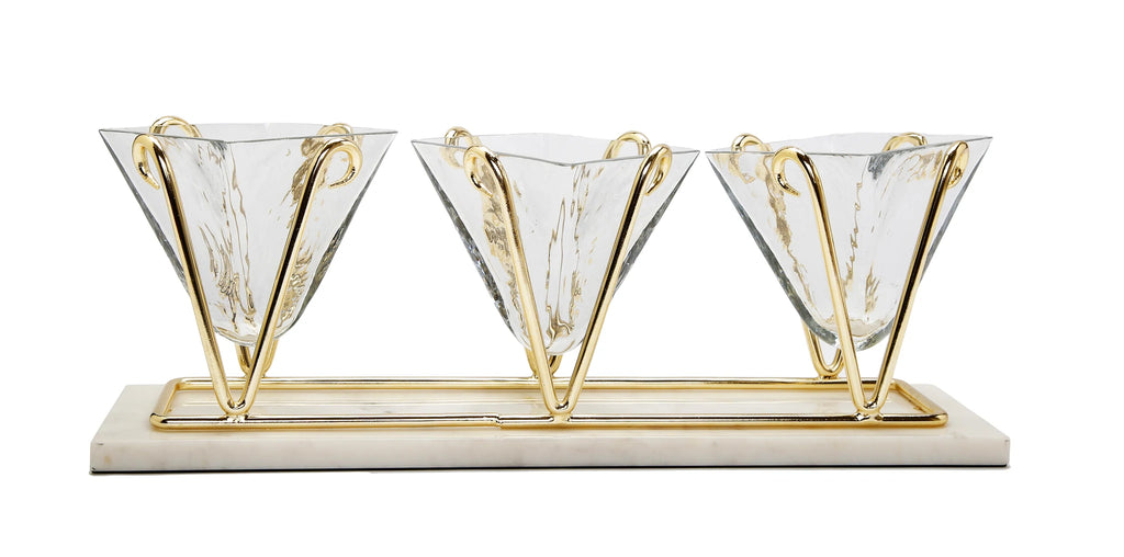 3 Sectional Glass Relish Dish on Marble Base with Gold Brass - The Cuisinet