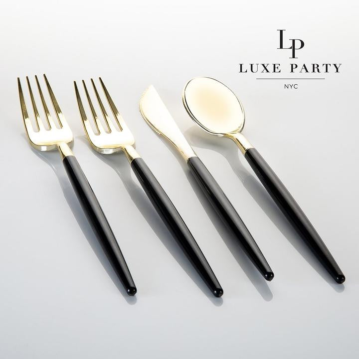 Luxe Party Black/Gold Plastic Cutlery Set 32pc - The Cuisinet