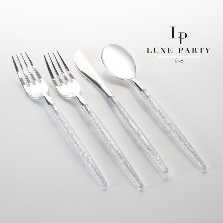Luxe Party Silver Glitter Plastic Cutlery Set 32pc - The Cuisinet