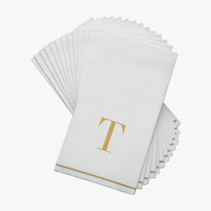 Luxe Party White/Gold T - Bodoni Script Initial Guest Paper Napkin 14pc - The Cuisinet