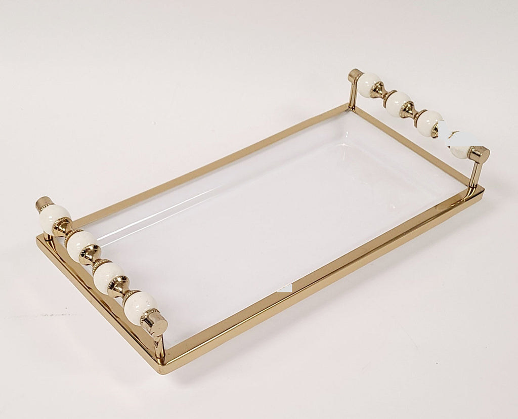 Classic Touch White/Gold Rectangular Tray w/beaded Handles 1Pc - The Cuisinet