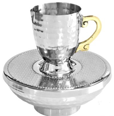 Hammered Stainless Steel Mayim Achronim Cup With Deep Tray - The Cuisinet