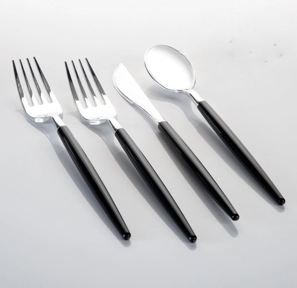 Luxe Party Black/Silver Plastic Cutlery Set 32pc - The Cuisinet