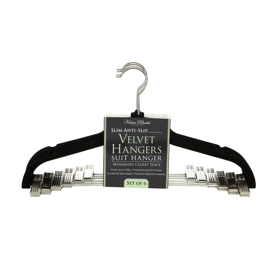 Karen Rhodes Black 6 Pack Velvet Suit Hanger with Metal Clips - The Cuisinet
