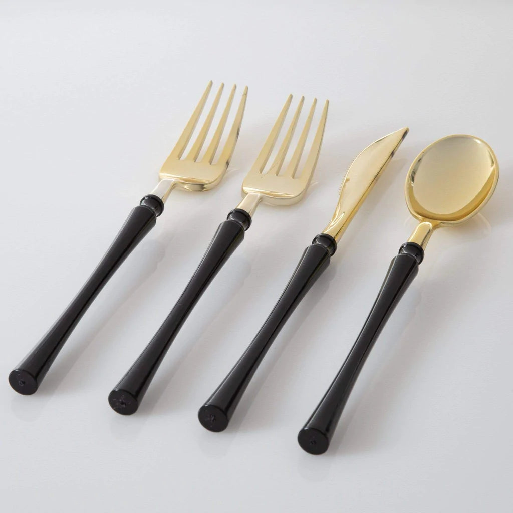 Luxe Party Black/Gold Neo Classic Plastic Cutlery Set 32pc - The Cuisinet