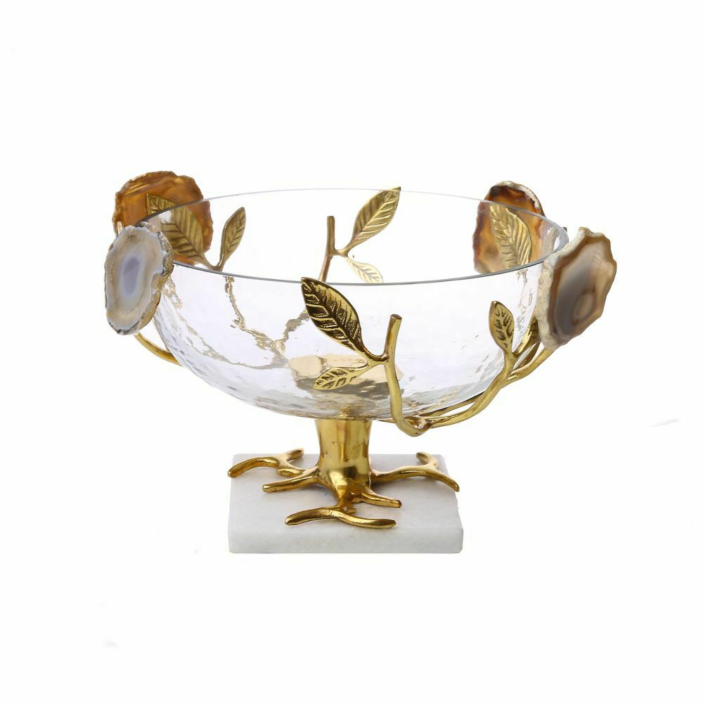 Classic Touch Glass/Gold Bowl with Leaf Agate Stone Design 1pc - The Cuisinet